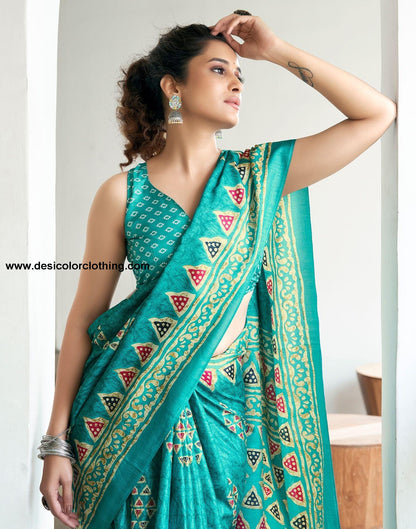 Turquois Printed Silk Saree