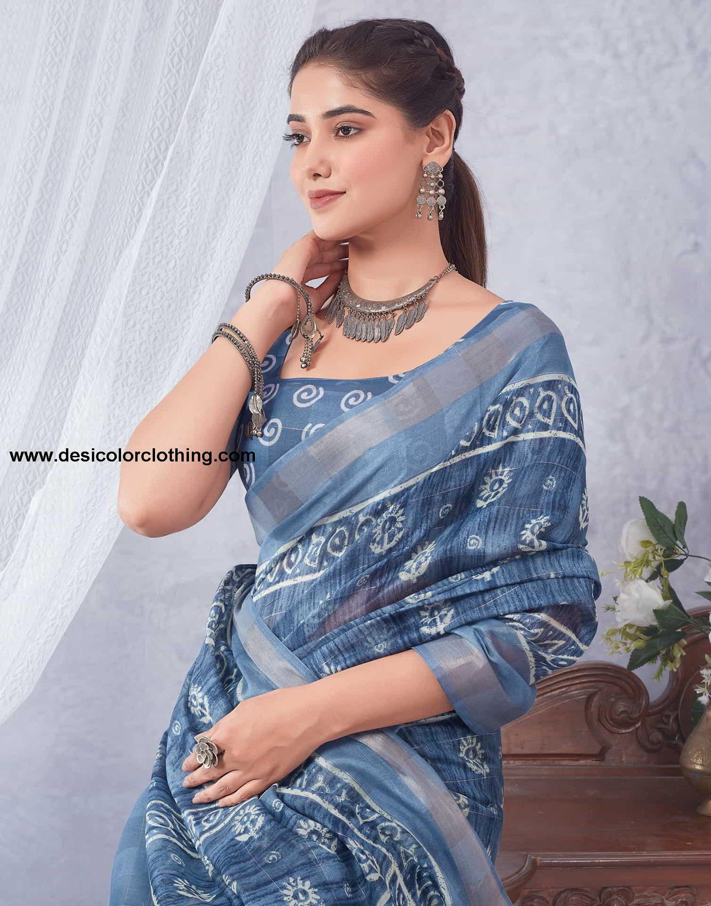 Blue Printed Cotton Saree