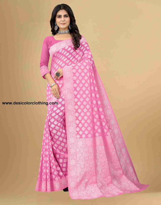 Pink Cotton Plain Saree