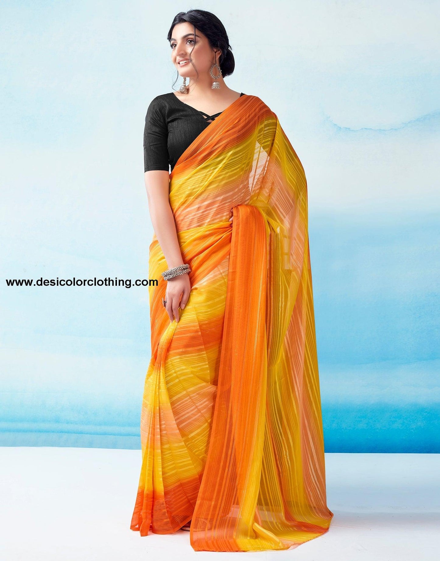 Yellow Georgette Printed Ready to Wear Saree