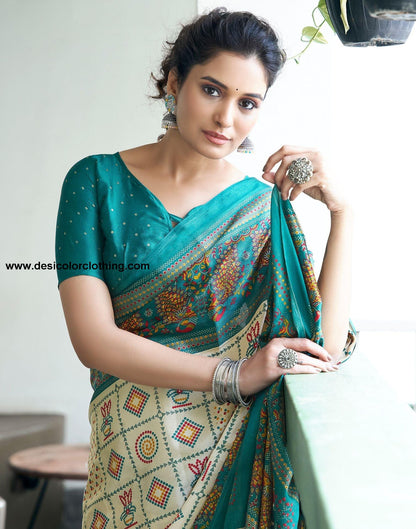 Rama Green Printed Silk Saree