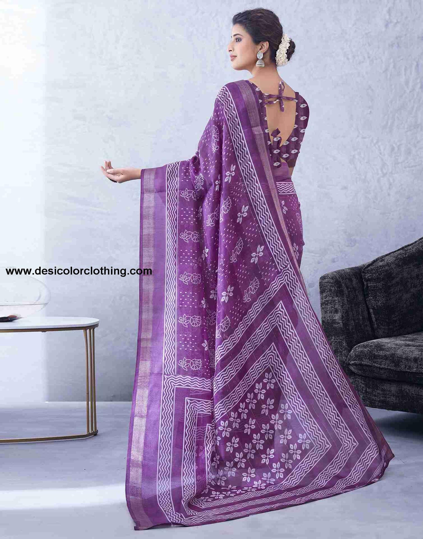 Purple Cotton Printed Saree