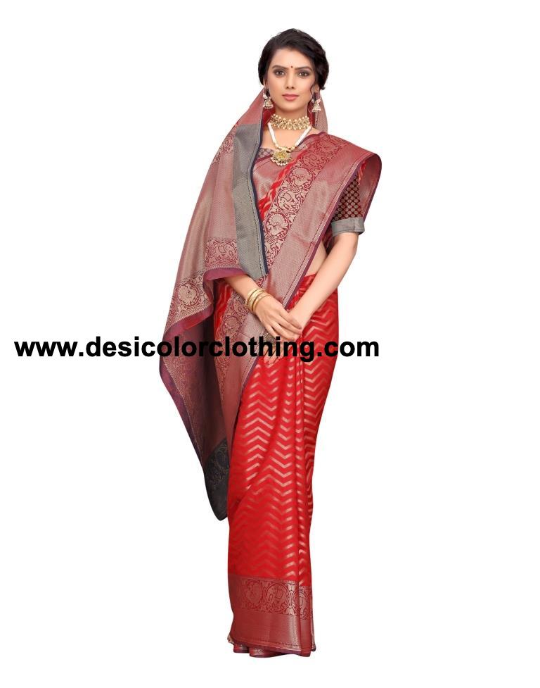 Red Coloured Poly Silk Jacquard Partywear saree