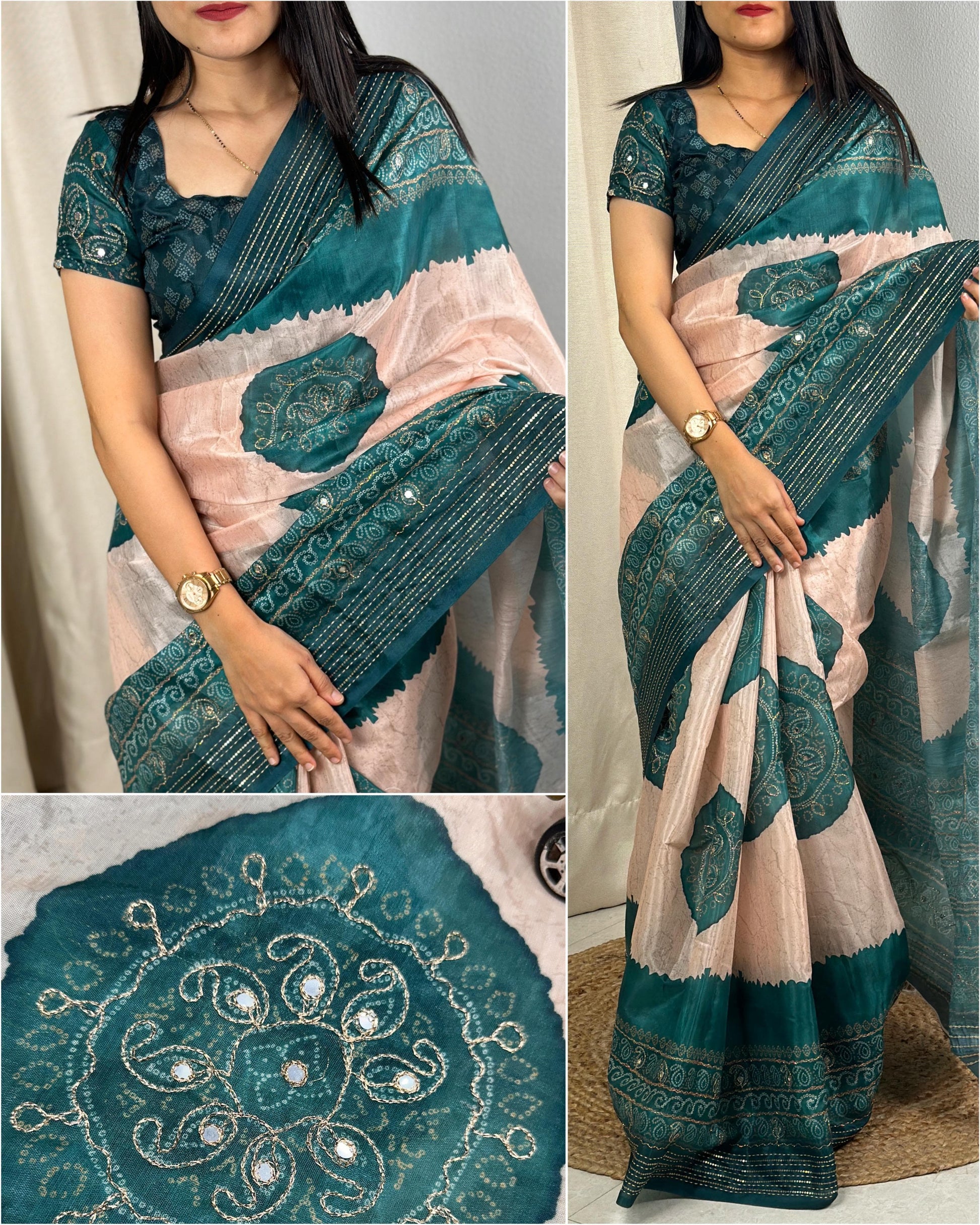 Product Image - Designer Rangeen Silk Saree with Hand Katha and Gotta Patti Work for Festive and Wedding Wear