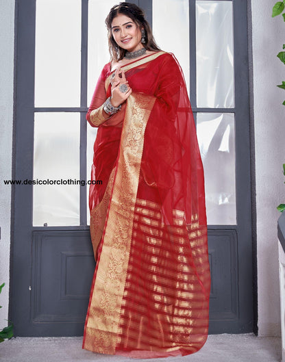 Red Plain Organza Saree