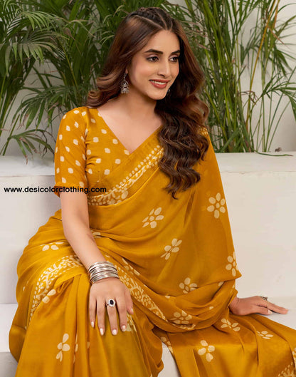 Turmeric Yellow Chiffon Printed Saree