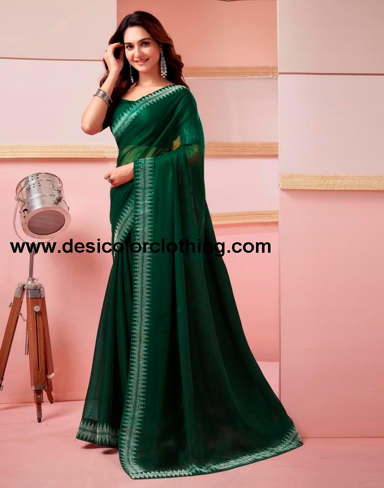 Dark Green Chiffon Plain Saree