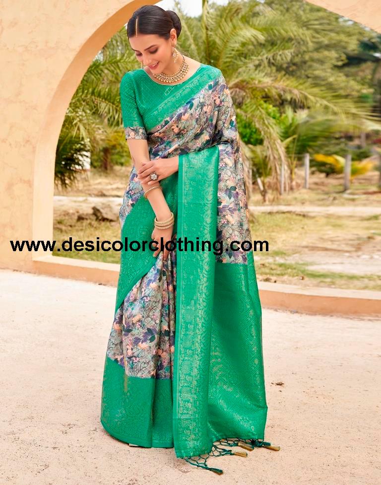 Teal Green Silk Printed Ready To Wear