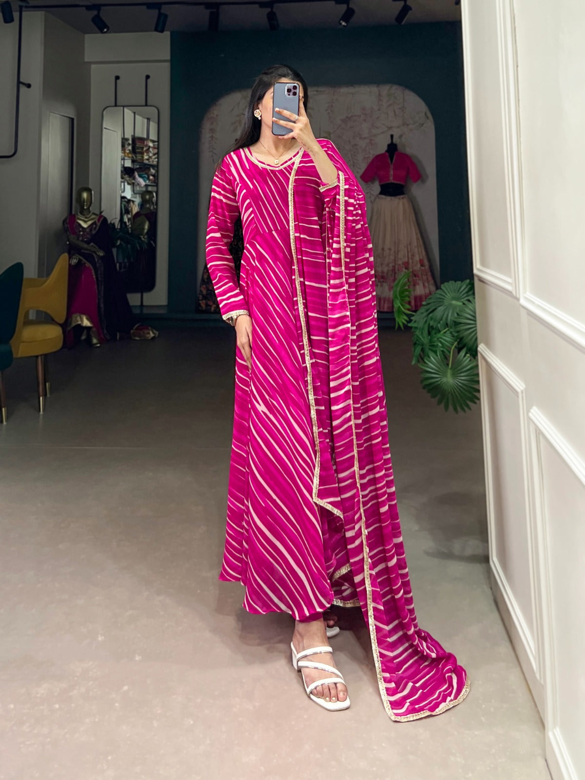 Product Image - Elegant Georgette Gown with Leheriya Print - Festive Wear