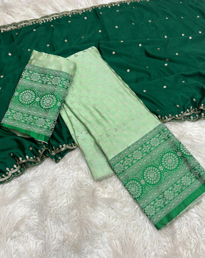 Product Image - Exquisite Pongal Special Designer Saree with Banarasi Border and Chiffon Dupatta - Festive Wear