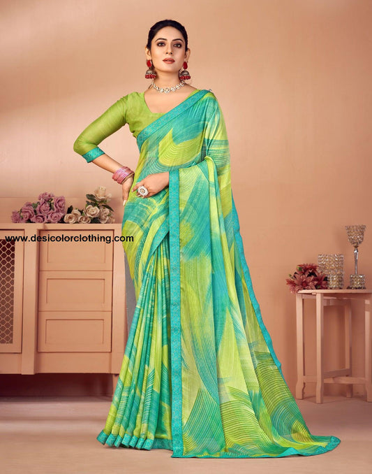 Parrot Green Printed Chiffon Saree