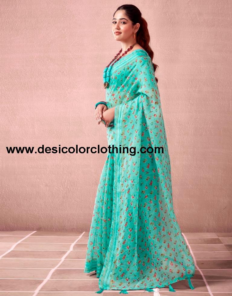Turquoise Cotton Printed  Saree