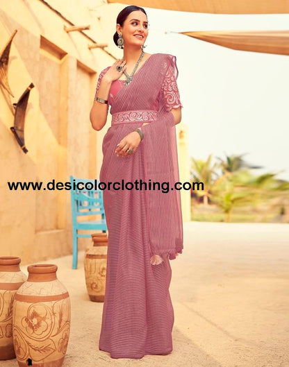 Dusty Pink Chiffon Plain Saree