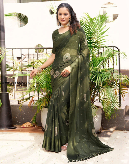 Dark Olive Green Printed Chiffon Saree