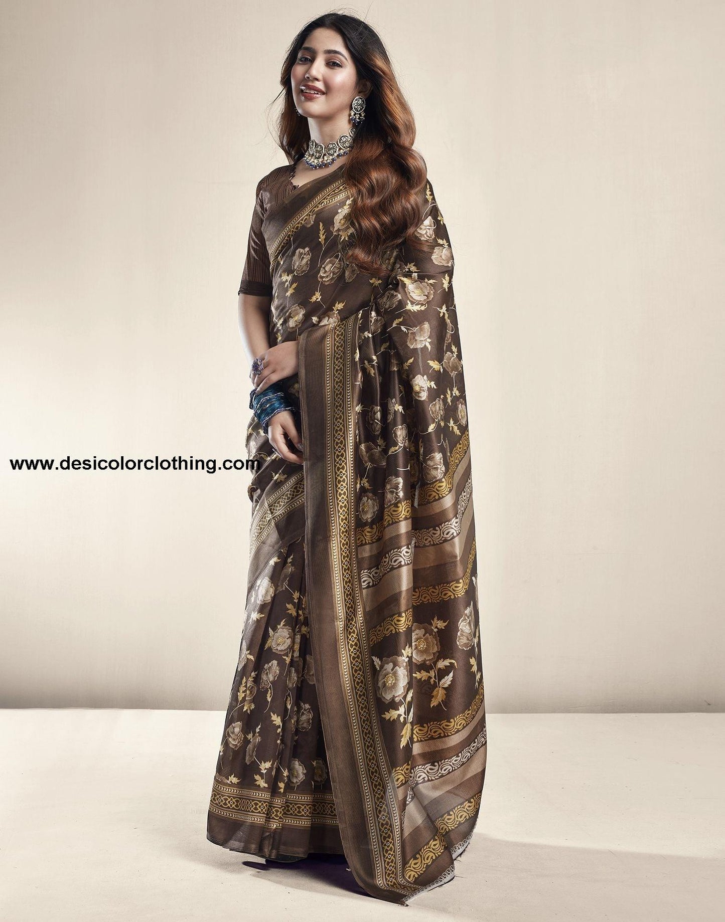 Dark Brown Printed Silk Saree