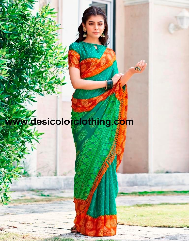Teal Green Cotton Printed Sarees
