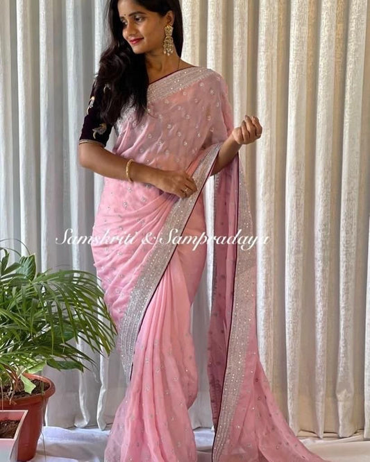 Pure chinnon chiffon sarees with all over embroidery and contrast blouse