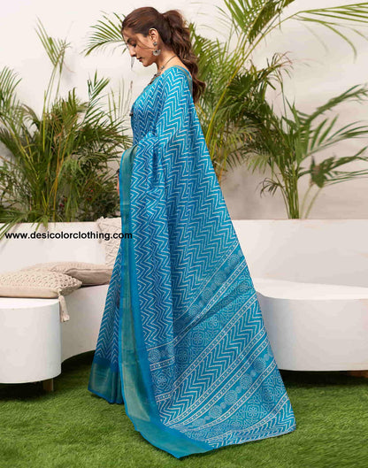 Blue Cotton Printed Saree