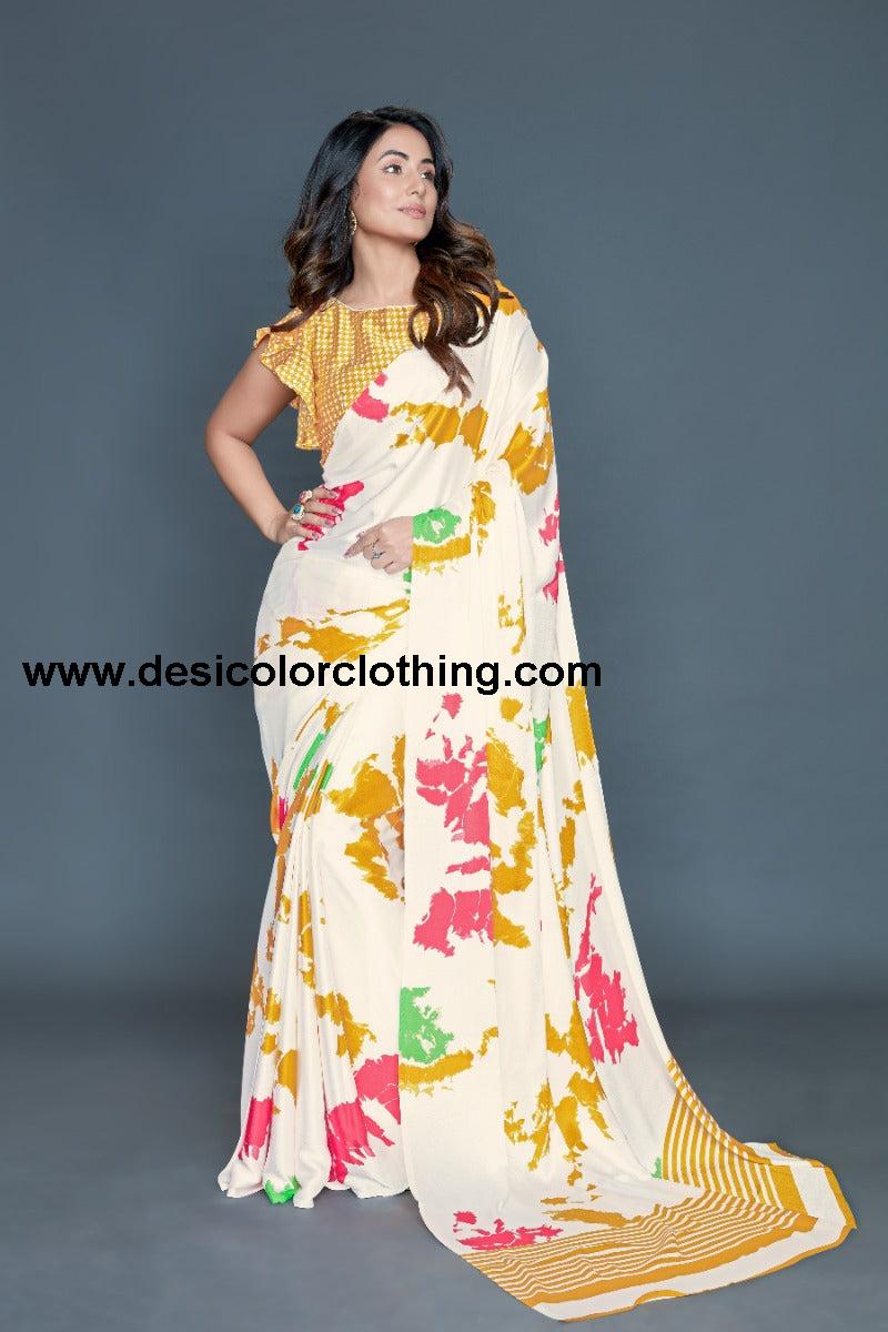 White Coloured silk Satin Printed Saree