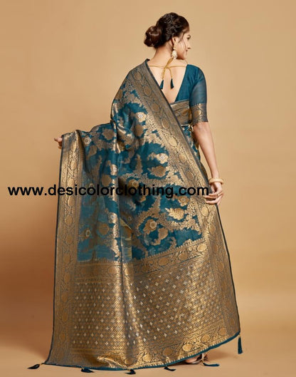 Teal Blue Linen Saree
