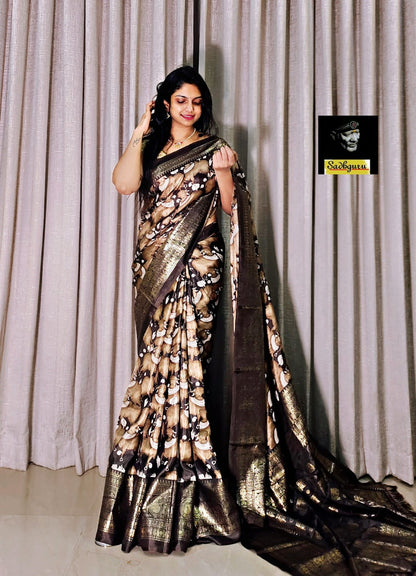 Product Image - Soft Pure Dola Silk Kalamkari Saree with Gold Foil Design – Elegant Festive Wear