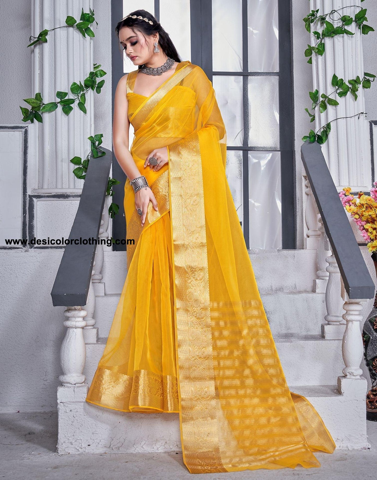 Turmeric Yellow Plain Organza Saree