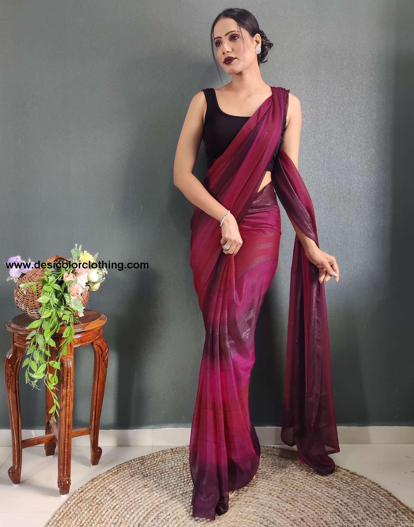 Pink Printed Georgette Pre-draped Saree