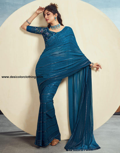 Teal Blue Plain Georgette Saree