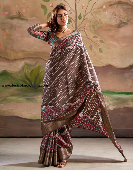 Brown Silk Printed Saree