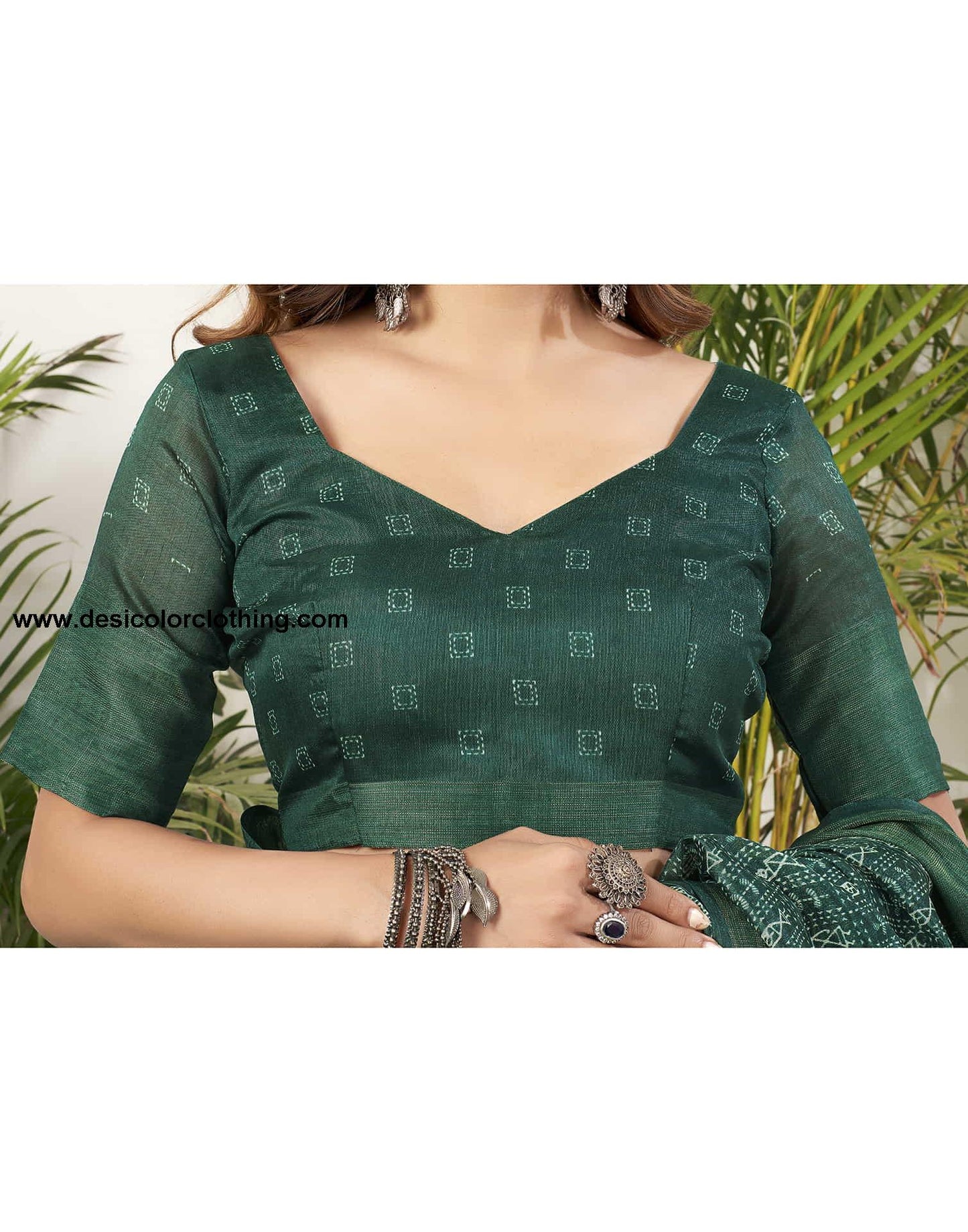 Dark Green Cotton Printed Saree