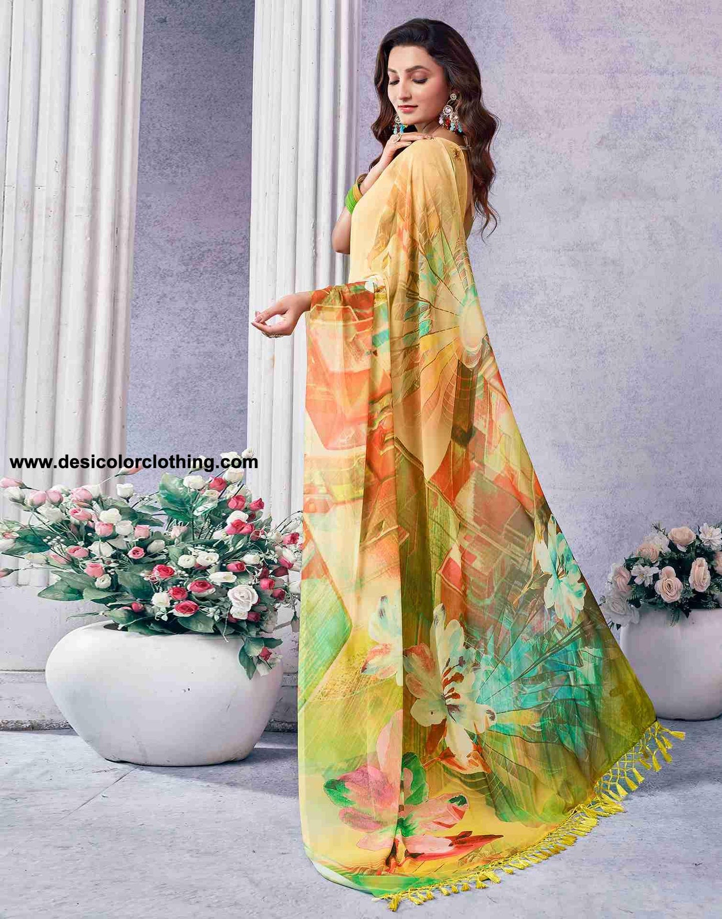 Yellow Georgette Printed Saree