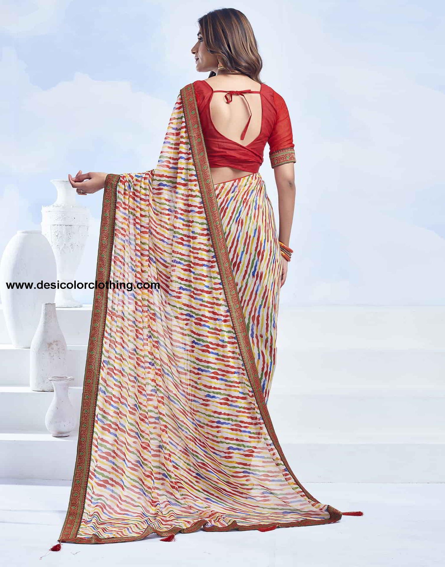 Cream Printed Chiffon Leheriya Saree
