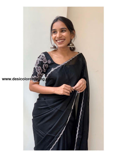 White Rose Chinon Saree with Multi-Embroidery and Piping Work