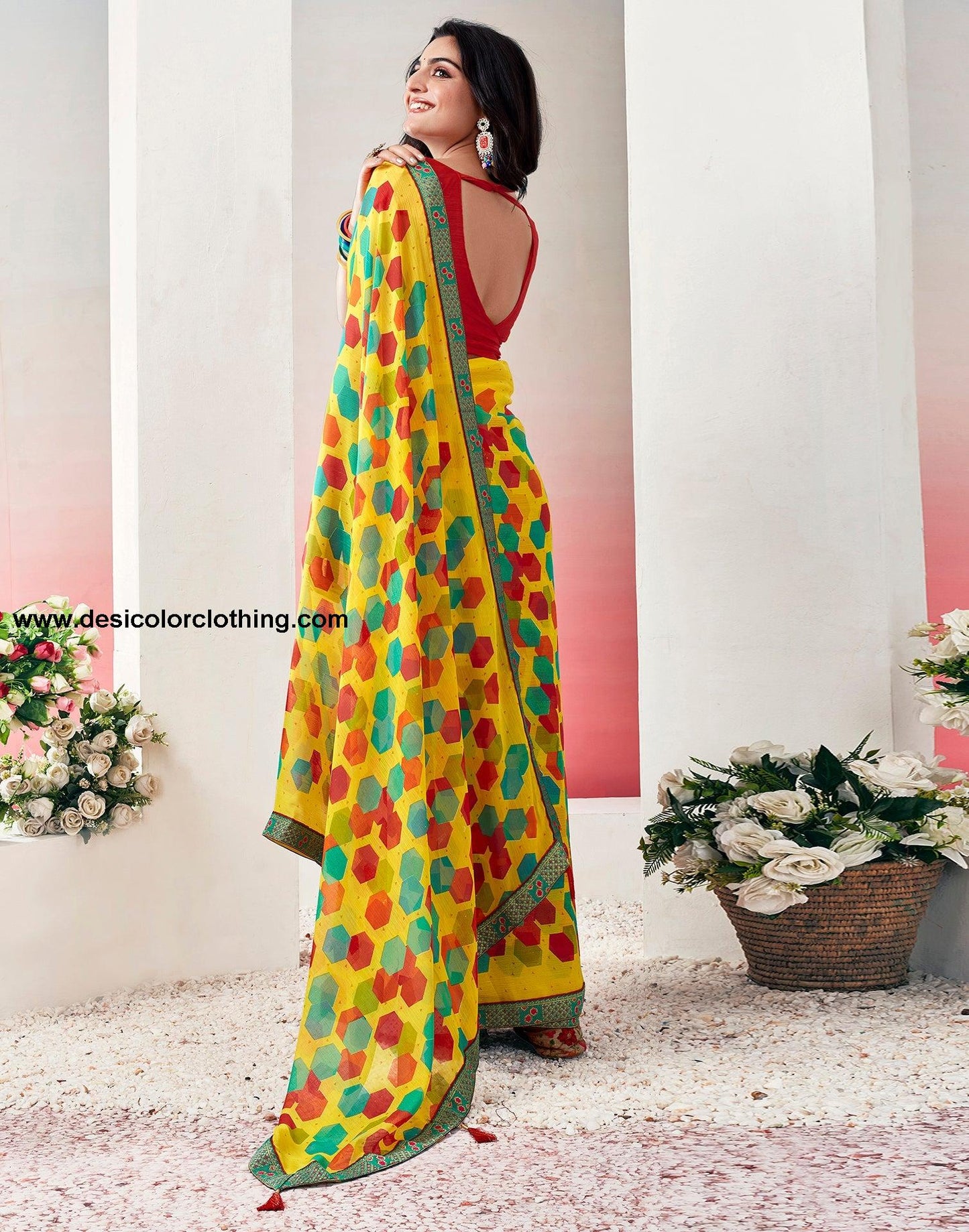 Yellow Chiffon Printed Saree