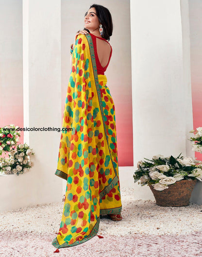 Yellow Chiffon Printed Saree