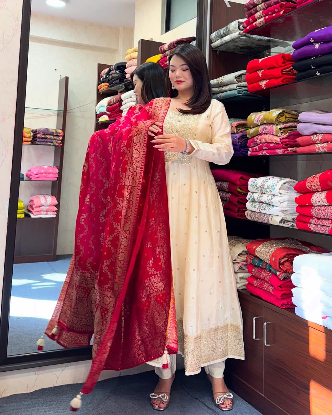 Product Image - Exquisite Anarkali Flared Silk Kurti Pant Dupatta Set
