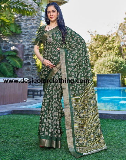 Dark Green Silk Printed Saree