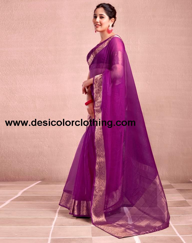 Dark Magenta Orgenza Plain Saree