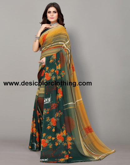 Dark Green And Beige Printed Saree