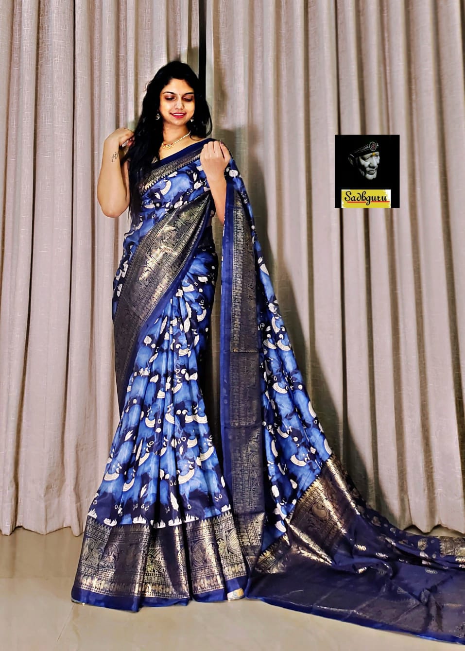 Product Image - Soft Pure Dola Silk Kalamkari Saree with Gold Foil Design – Elegant Festive Wear