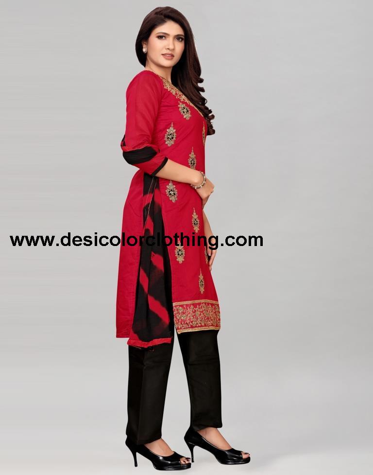 Red Chanderi Silk Embroidered Unstitched Salwar Suit