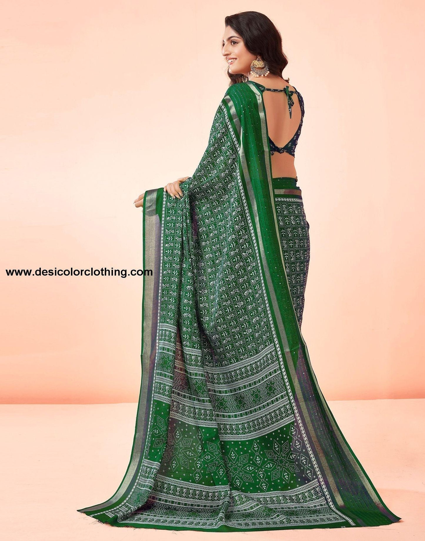 Dark Green Printed Cotton Saree