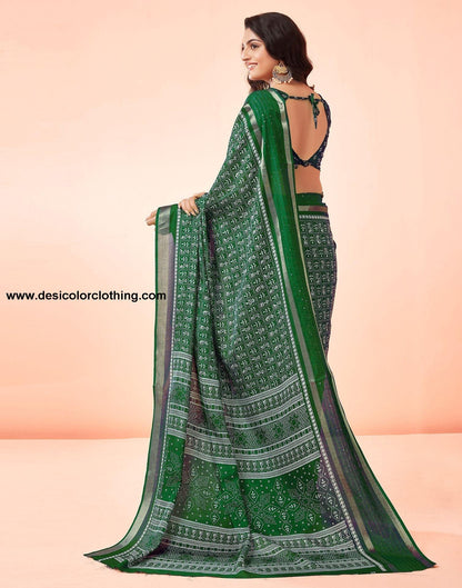 Dark Green Printed Cotton Saree