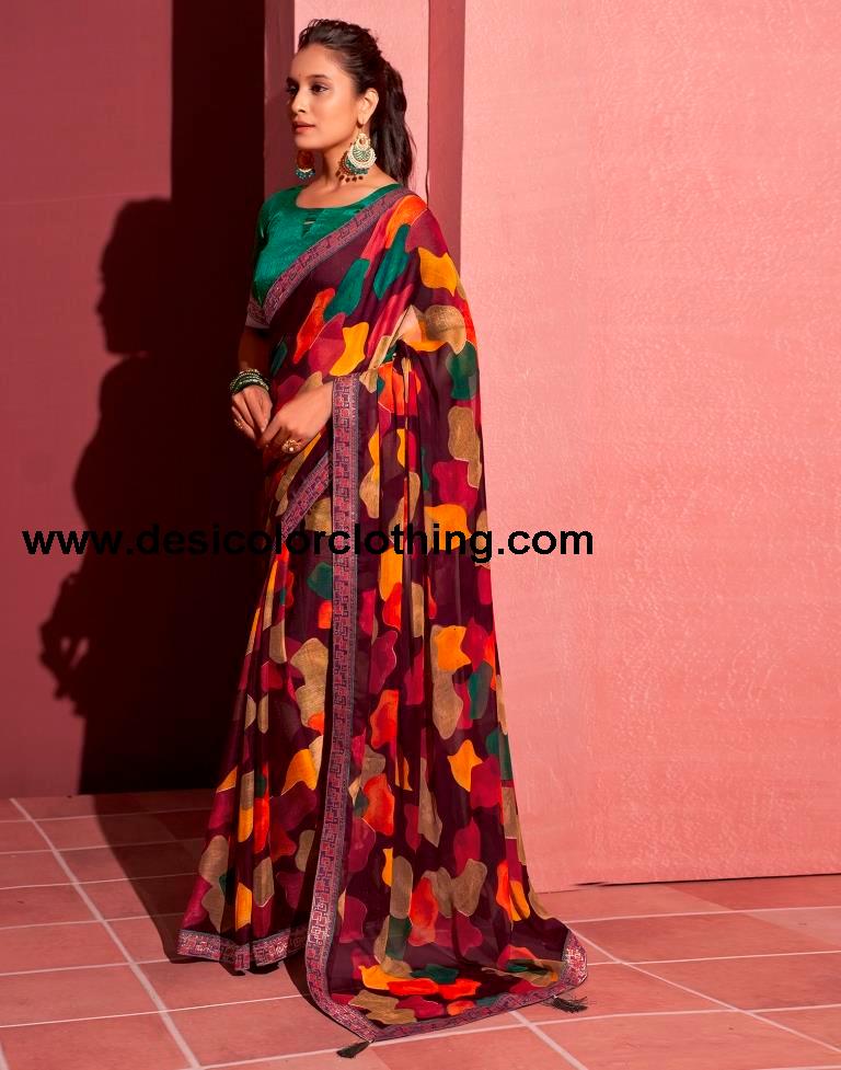 Wine Chiffon Printed Saree
