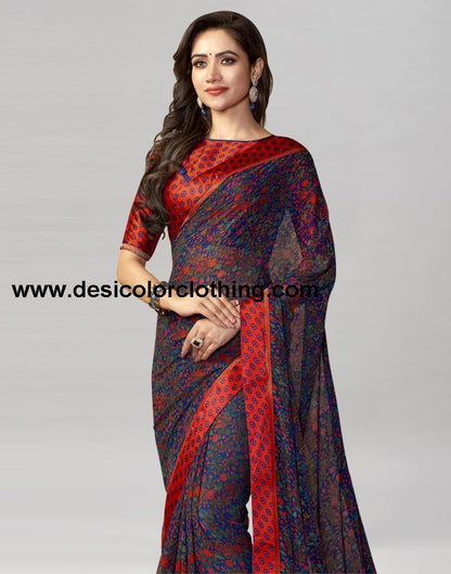 Dark Blue Coloured Printed Georgette Saree | SLV1496S9004