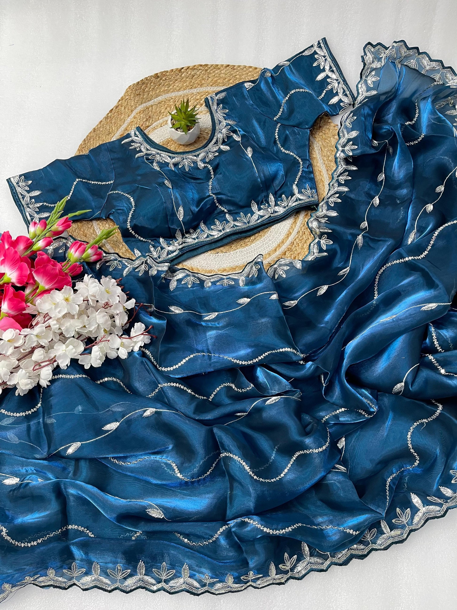 Product Image - Designer Zimmy Choo Silk Saree with Embroidered Border & Lehiriya Design