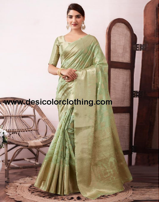 Pista Green Organza Woven Saree