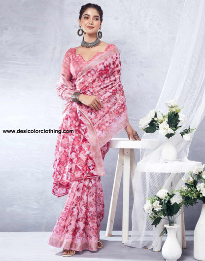 Pink Printed Cotton Saree