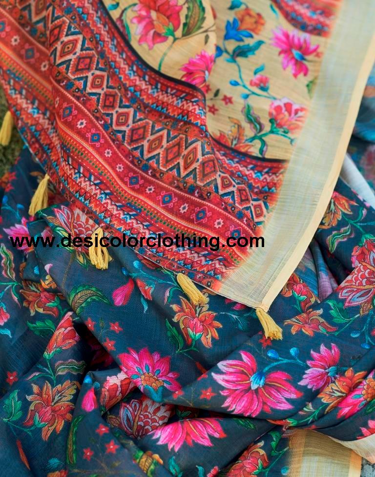 Dark Grey Linen Printed Sarees