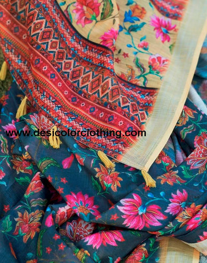 Dark Grey Linen Printed Sarees
